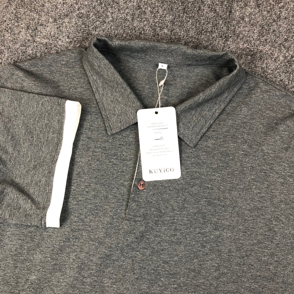 Kuyigo Mens Short Sleeve Polo Shirt Gray Heather Contrast Cuff Size L NEW